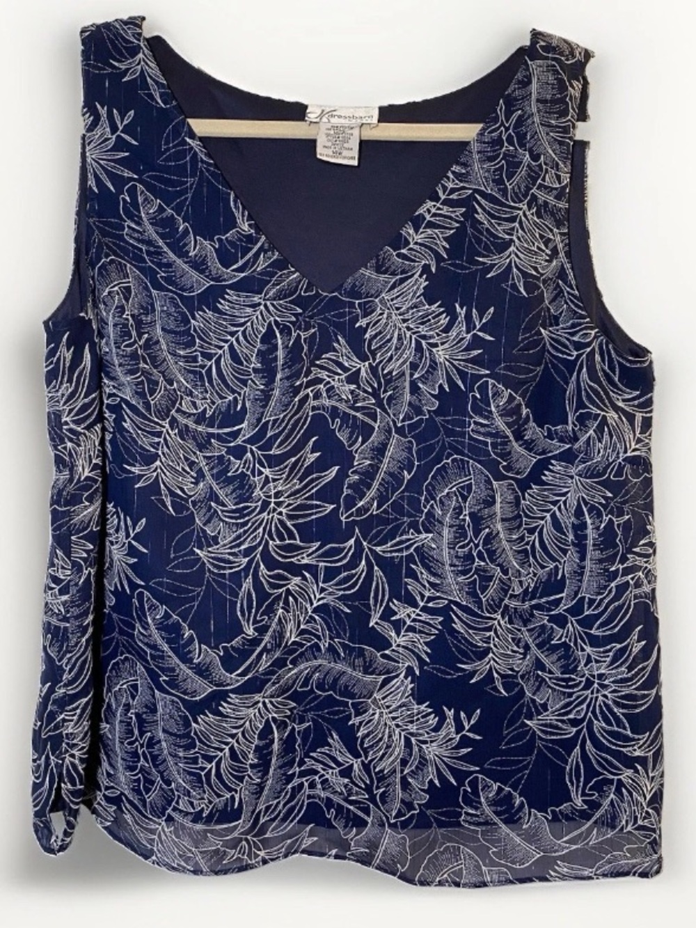 Dressbarn Women’s 14W XL Sleeveless Top Blouse V-Neck Navy Blue White Botanical